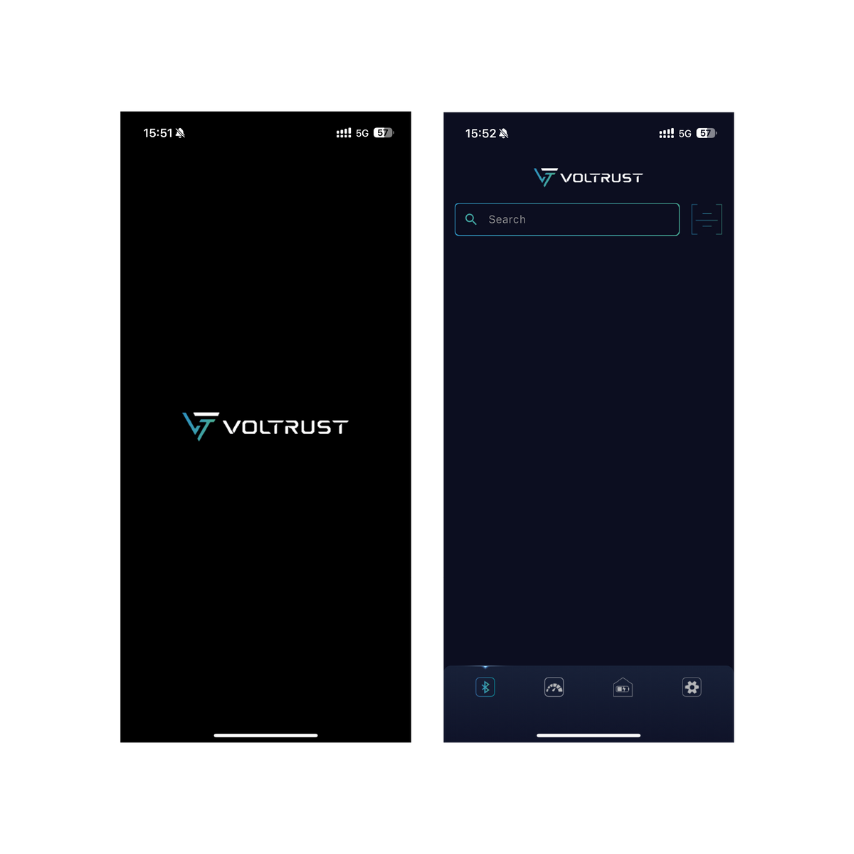VolTrust Bluetooth app launch screen and battery search page