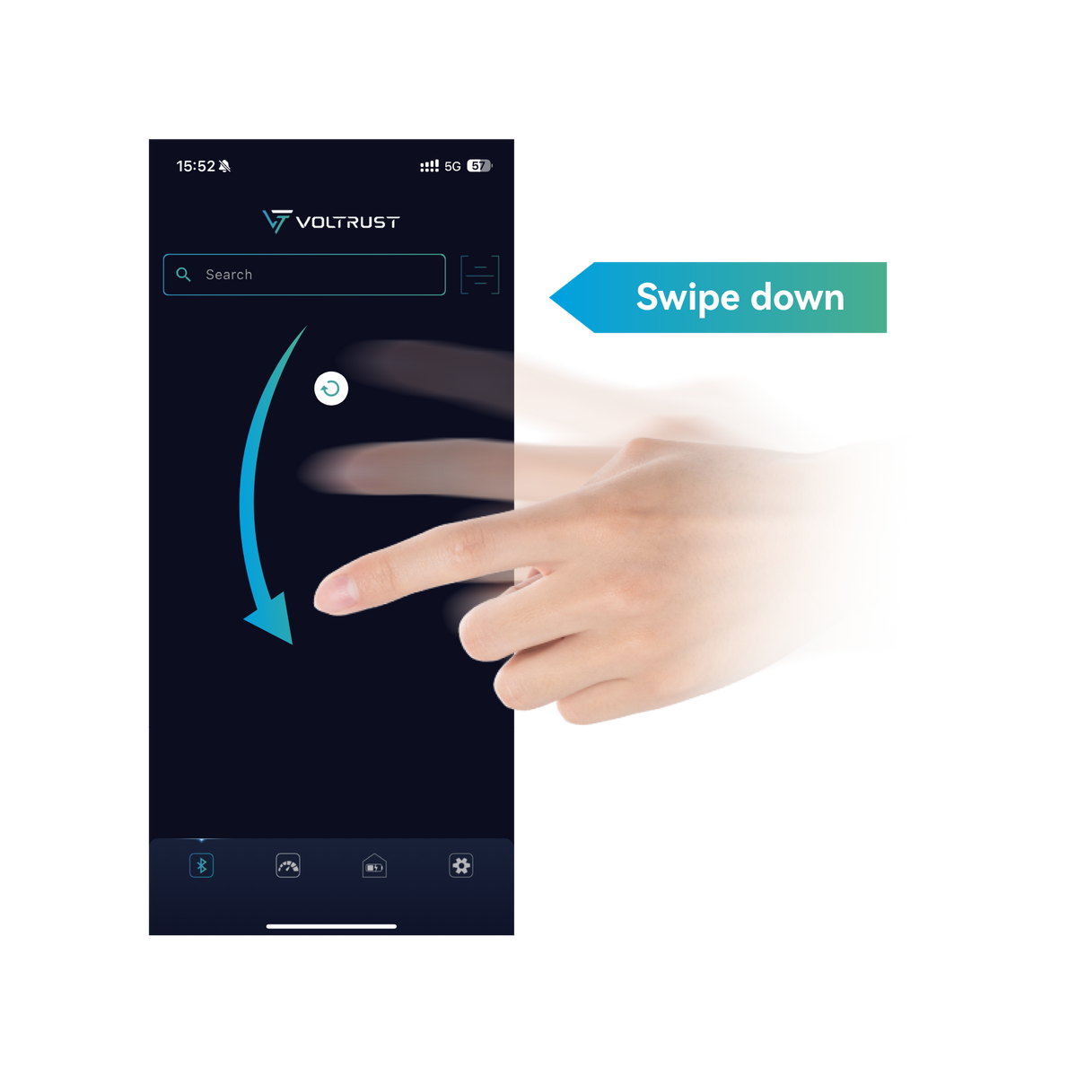 Swipe down in the VolTrust app to search for nearby batteries