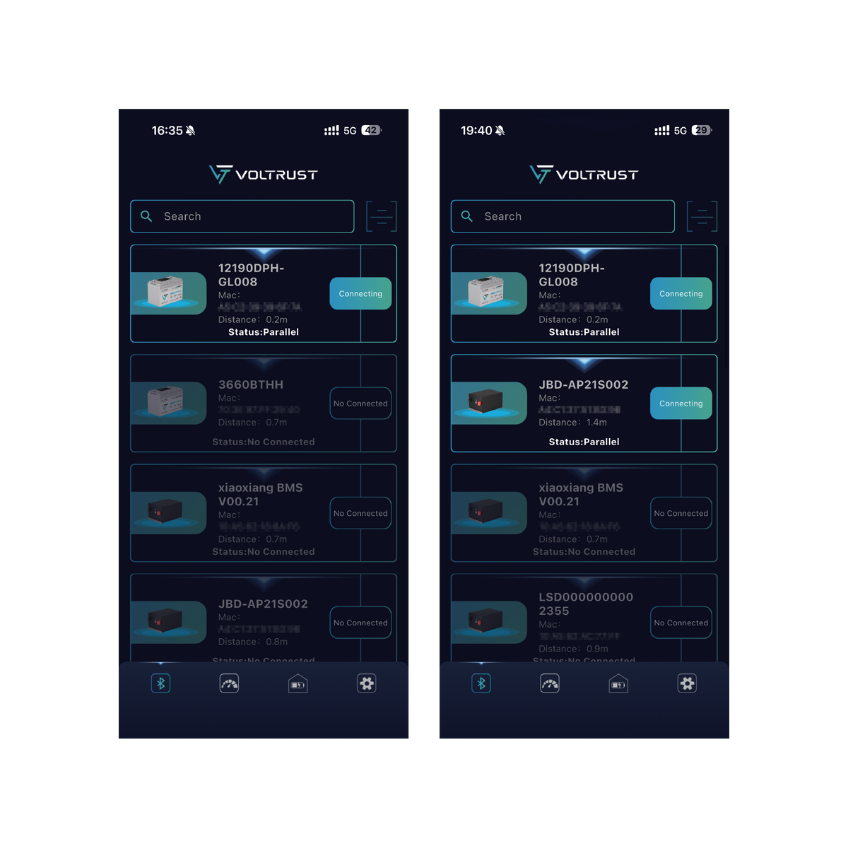 VolTrust app displaying nearby battery packs available for connection