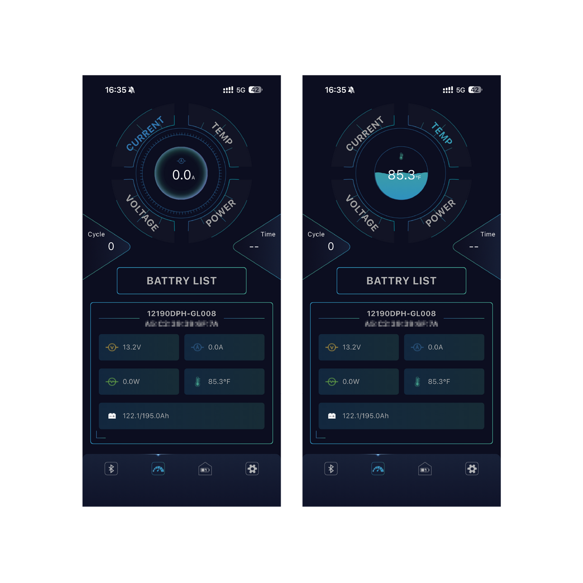 VolTrust app displaying real-time battery current and temperature
