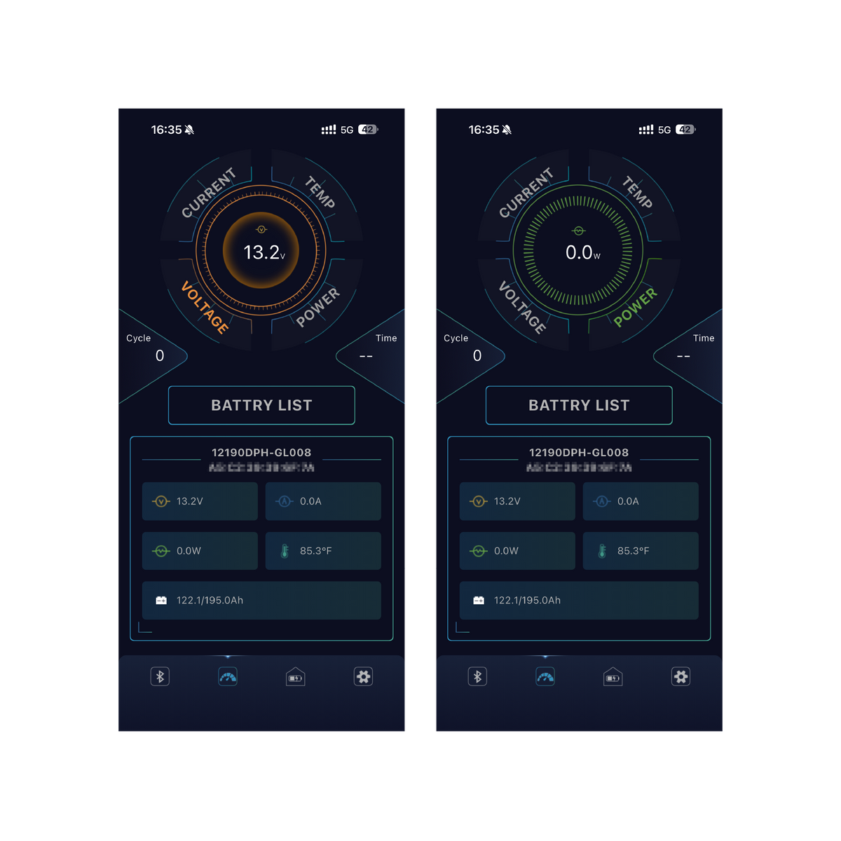 VolTrust app displaying real-time battery voltage and power