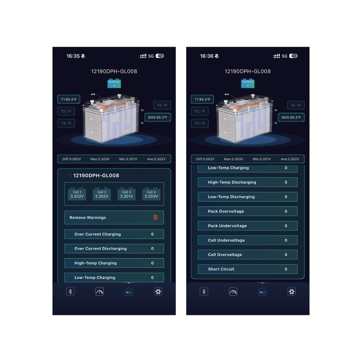 VolTrust app showing individual cell voltages and battery fault status