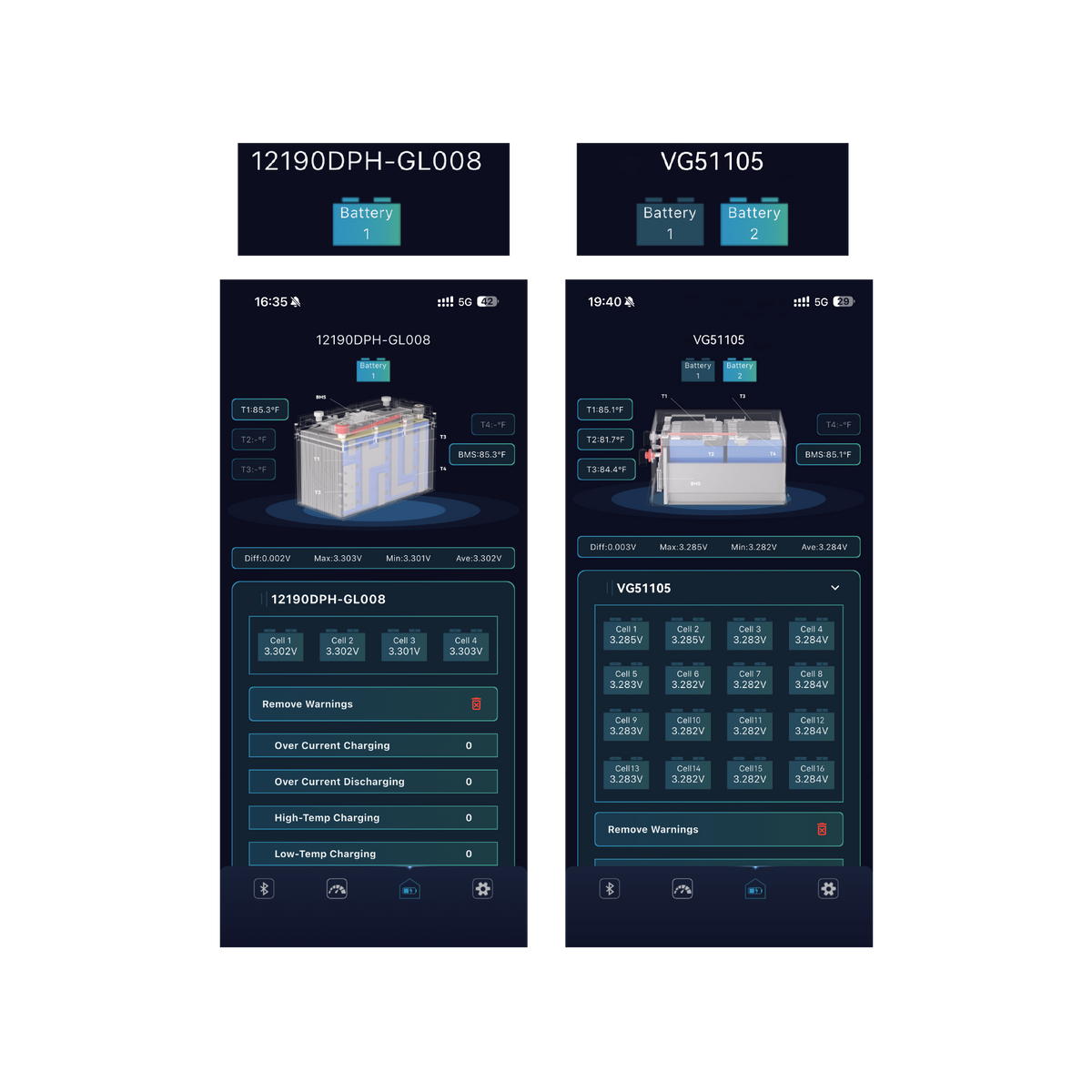 VolTrust app showing cell status for single and multiple battery packs