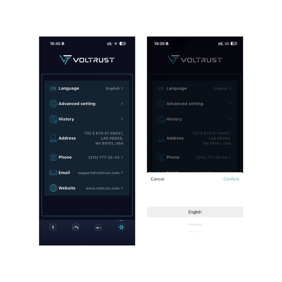 VolTrust app settings page with language selection options