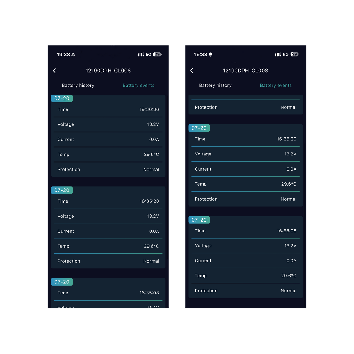 VolTrust app displaying battery operating history and event records