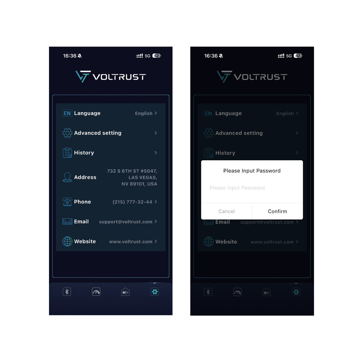Password-protected advanced settings in the VolTrust battery app
