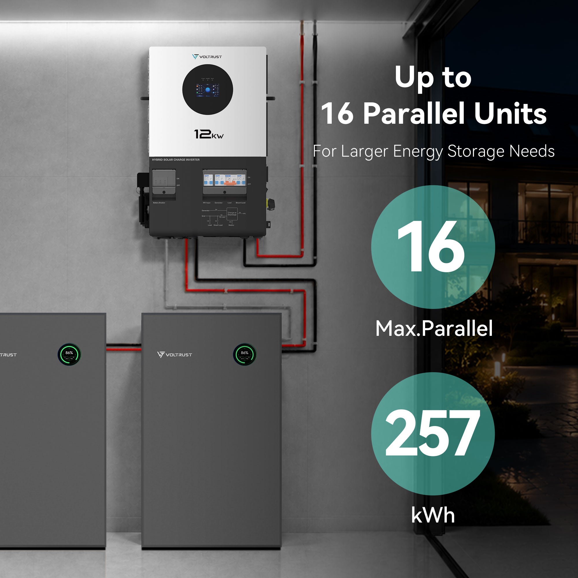 VolTrust LS51314 51.2V 314Ah LiFePO4 home battery system with up to 16 parallel units for approximately 257 kWh of energy storage