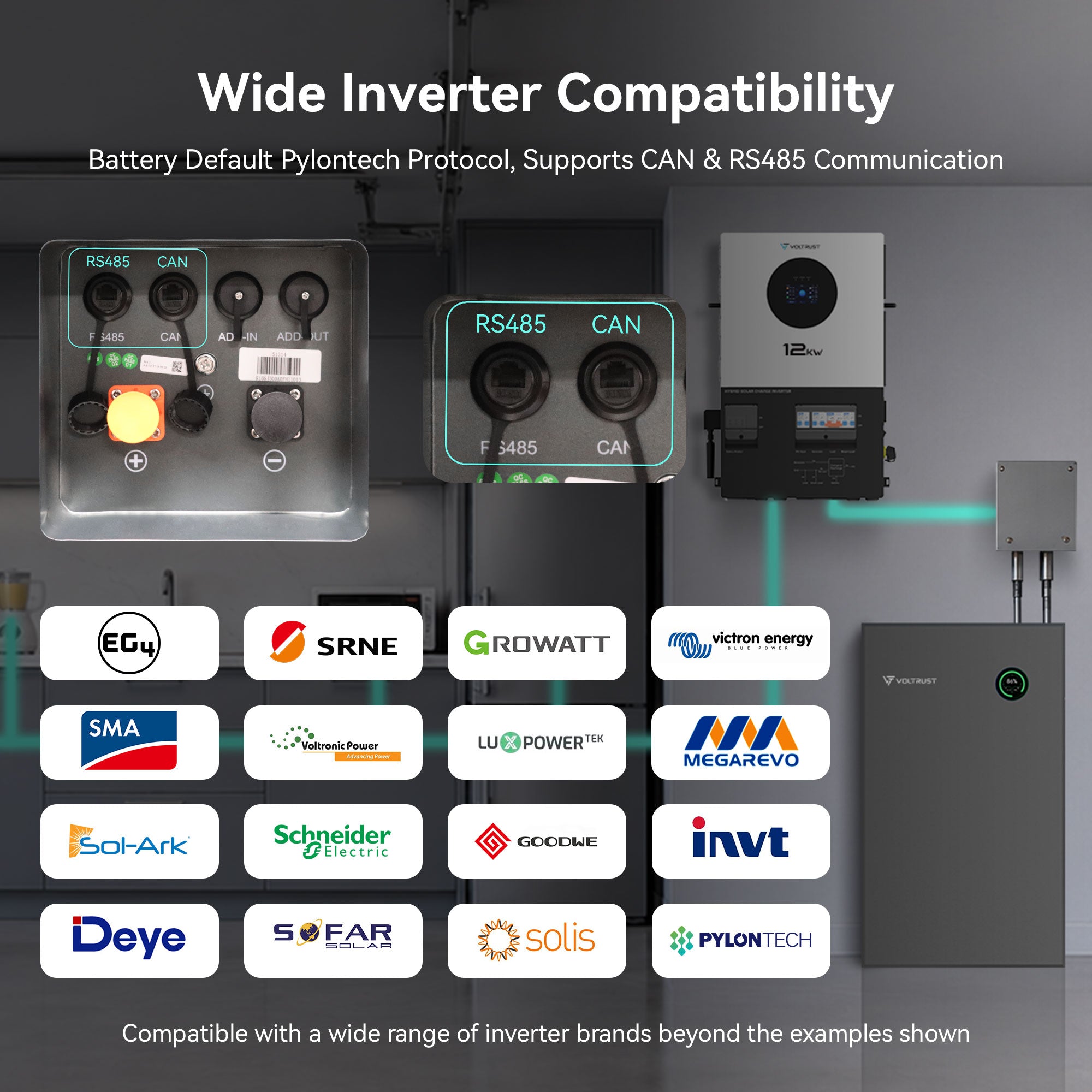 VolTrust LS51314 home battery with Pylontech protocol, CAN and RS485 communication, and inverter brand examples