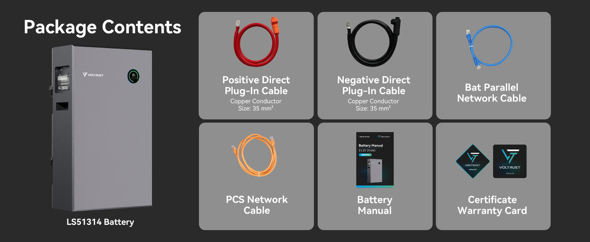 VolTrust LS51314 51.2V 314Ah LiFePO4 battery package contents with power cables, communication cables, user manual and warranty documentation