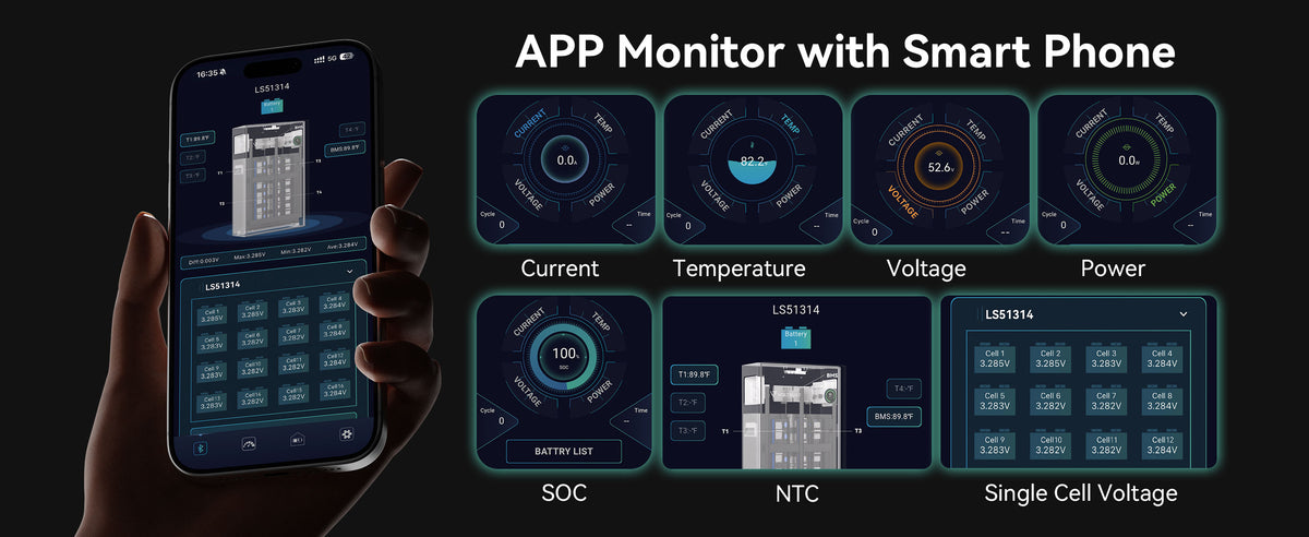 VolTrust app displaying current, temperature, voltage, power, state of charge and individual cell voltage for the LS51314 battery