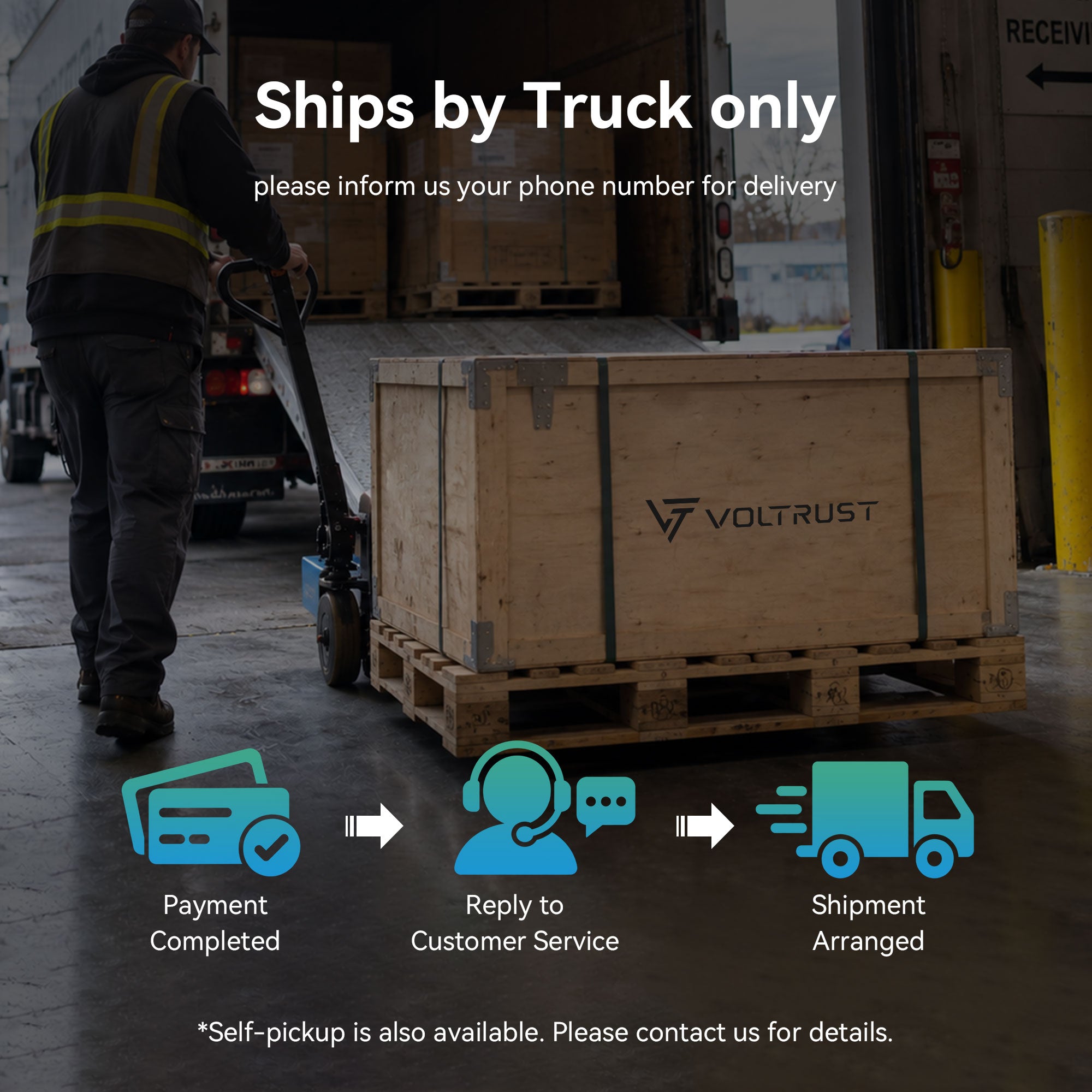 VolTrust LS51314 battery shipment process showing truck delivery, customer service confirmation and optional local pickup