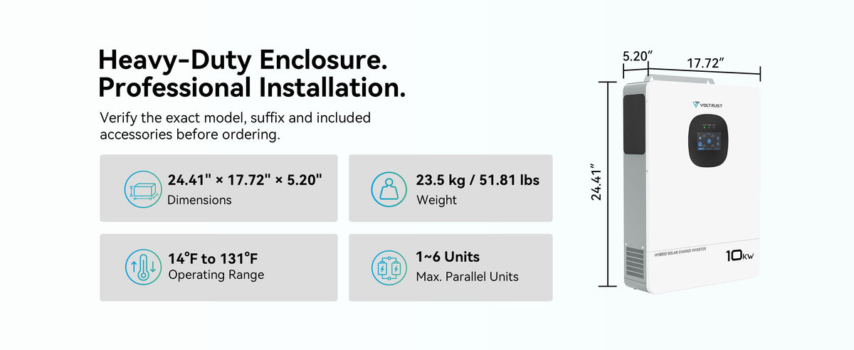 VolTrust 10kW inverter dimensions of 24.41 × 17.72 × 5.20 inches, 51.81 lb weight, operating range, and six-unit parallel support.