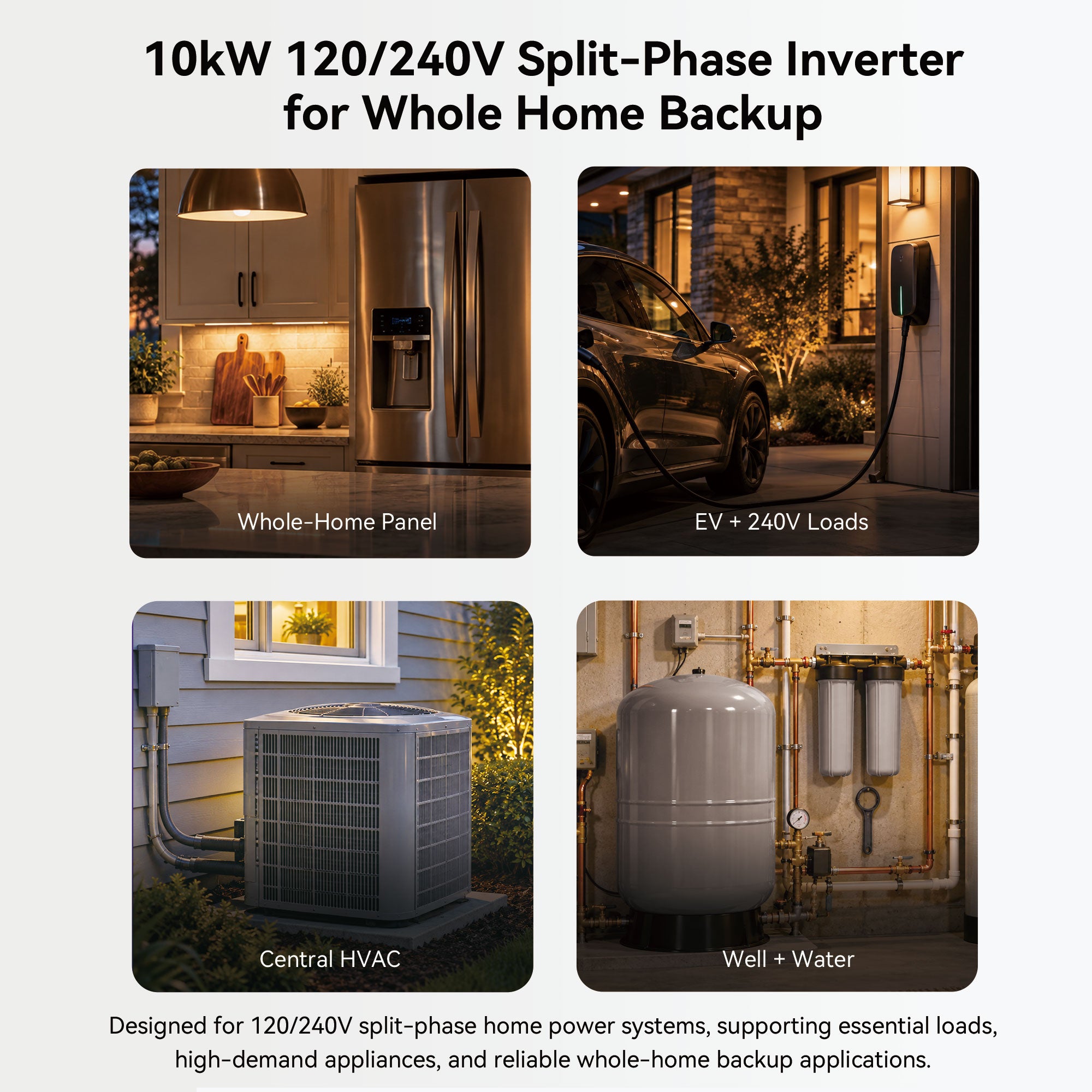 VolTrust 10kW home backup illustration showing refrigeration, EV charging, central HVAC, and well equipment for load planning.