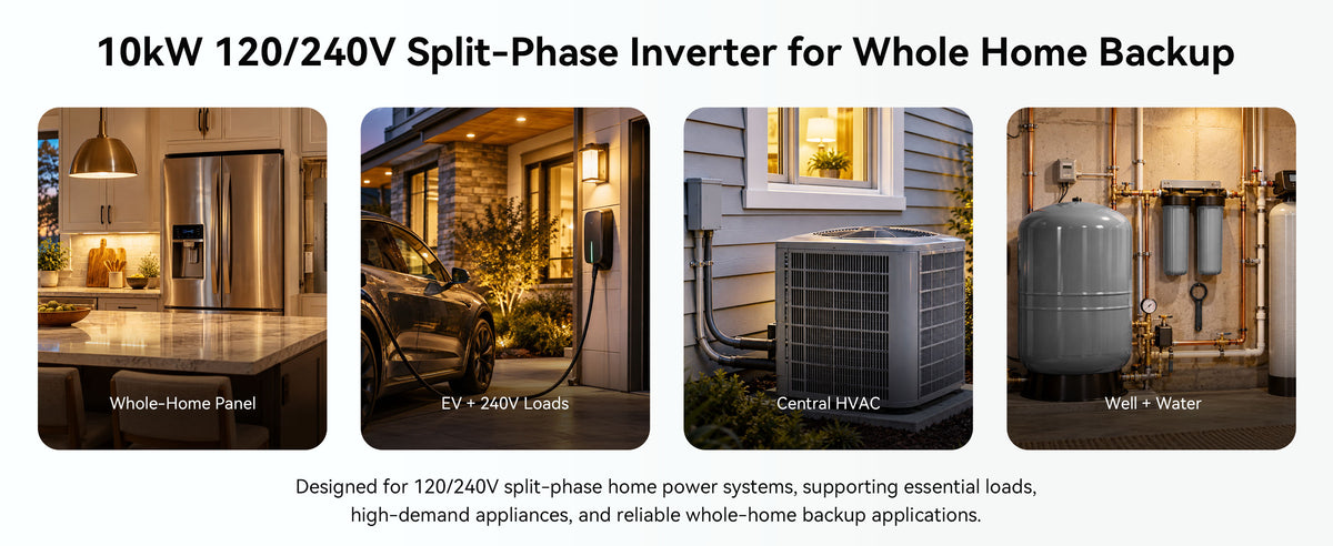 Home backup applications for a VolTrust 10kW inverter, including household circuits, EV charging, central HVAC, and a well pump.