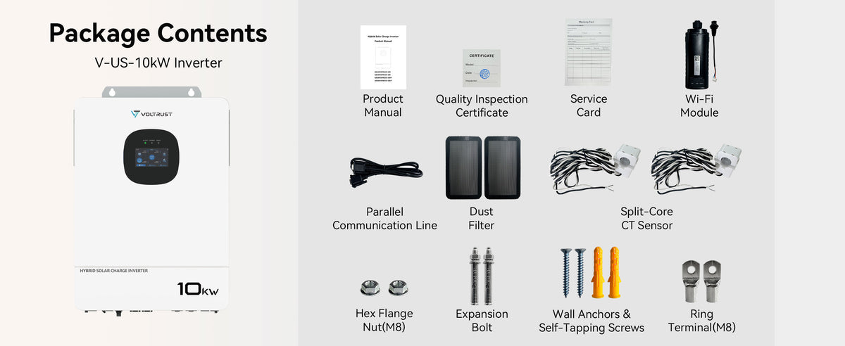 VolTrust 10kW inverter pictured with a Wi-Fi module, two CT sensors, parallel cable, dust filters, documents, and mounting hardware.