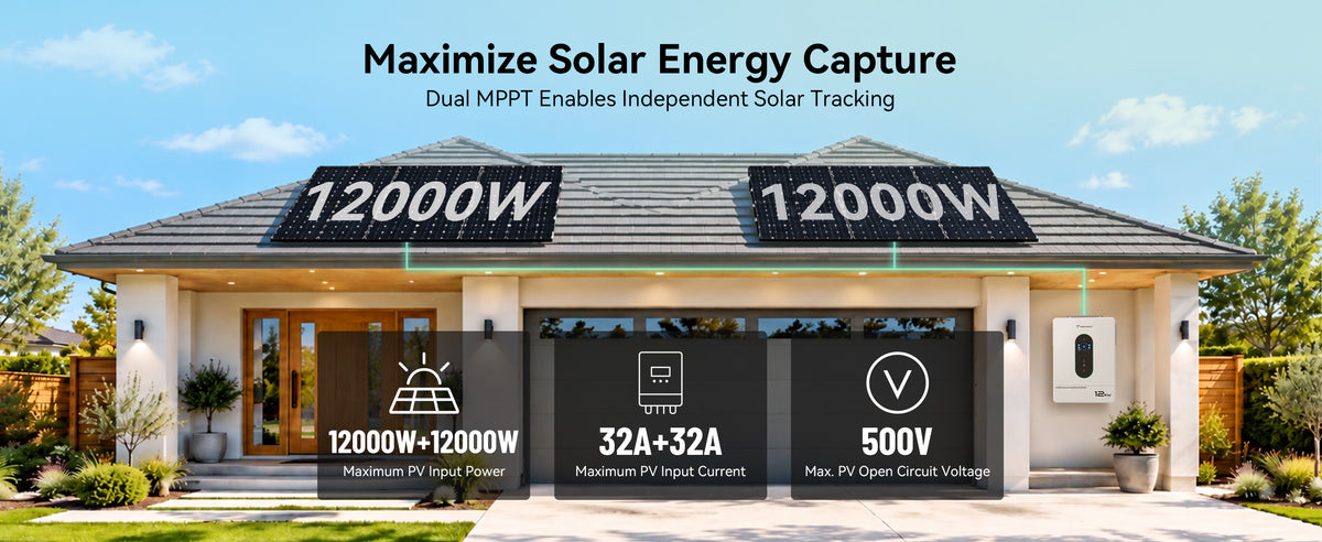 VolTrust 12kW inverter connected to two rooftop solar arrays, showing 12,000W and 32A per MPPT and 500V maximum PV Voc.