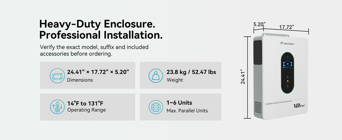 VolTrust 12kW inverter dimensions of 24.41 × 17.72 × 5.20 inches, 52.47 lb weight, operating range, and six-unit parallel support.