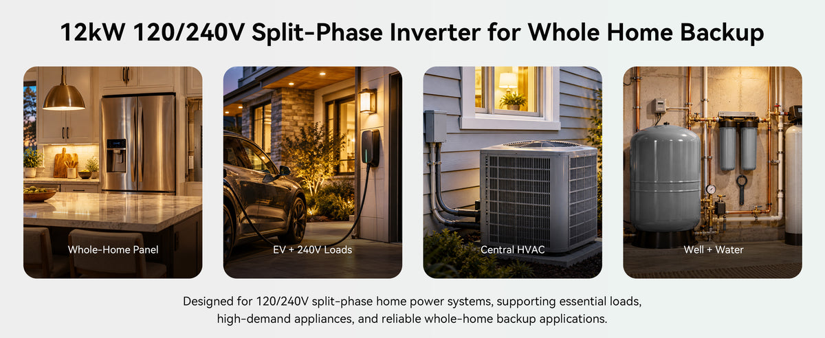 Home backup applications for a VolTrust 12kW inverter, including household circuits, EV charging, central HVAC, and a well pump.