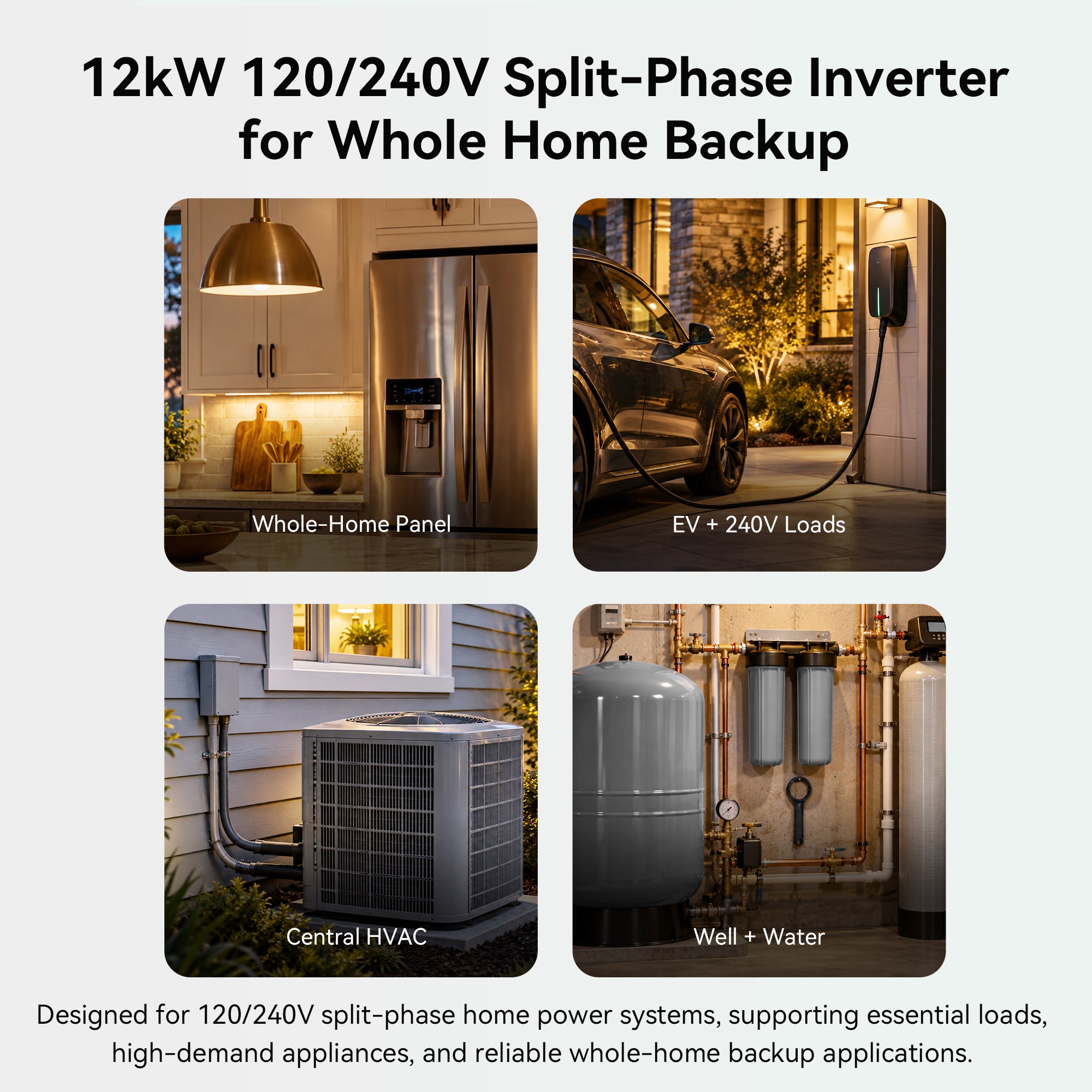 VolTrust 12kW inverter pictured with documents, Wi-Fi module, parallel cable, two CT sensors, dust filters, and mounting hardware.