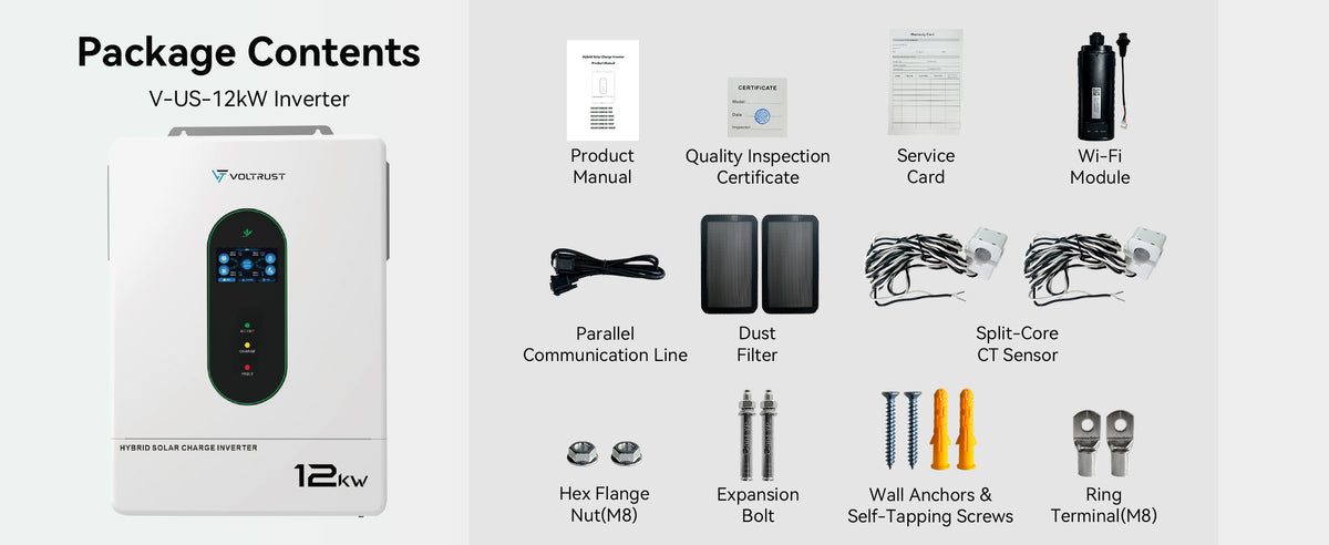 VolTrust 12kW inverter pictured with a Wi-Fi module, two CT sensors, parallel cable, dust filters, documents, and mounting hardware.