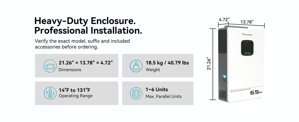 VolTrust 6.5kW inverter measuring 21.26 by 13.78 by 4.72 inches, weighing 40.79 lb, with support for up to six parallel units.