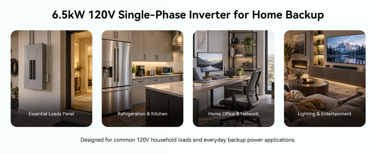 Home backup applications for the VolTrust 6.5kW inverter, including essential circuits, kitchen appliances, office equipment, and lighting.