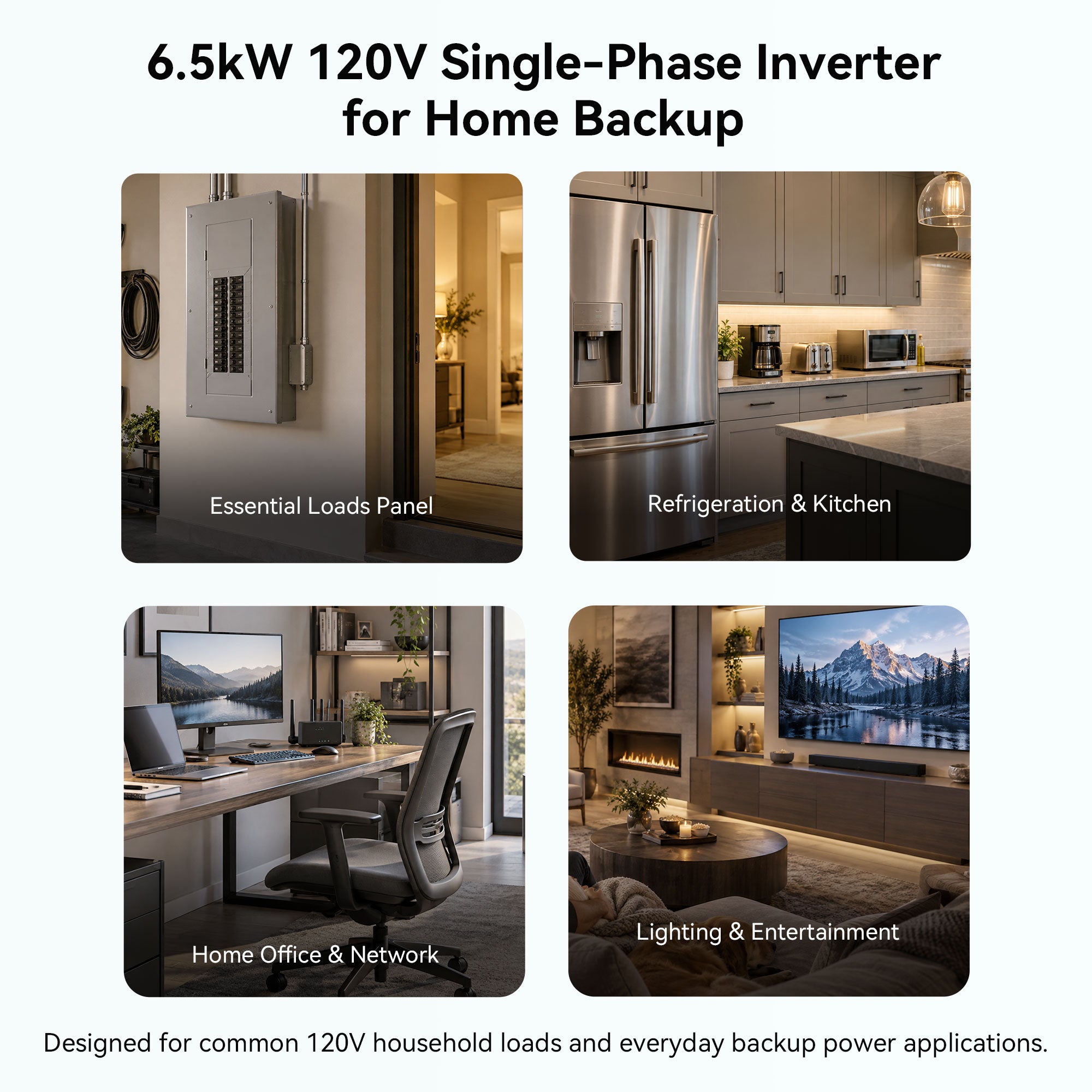 VolTrust 6.5kW home backup applications showing an essential loads panel, kitchen appliances, home office, lighting, and entertainment.