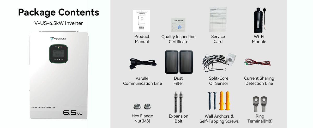 VolTrust V-US-6.5kW inverter pictured with documents, Wi-Fi module, CT sensor, parallel and current-sharing cables, filters, and mounting hardware.