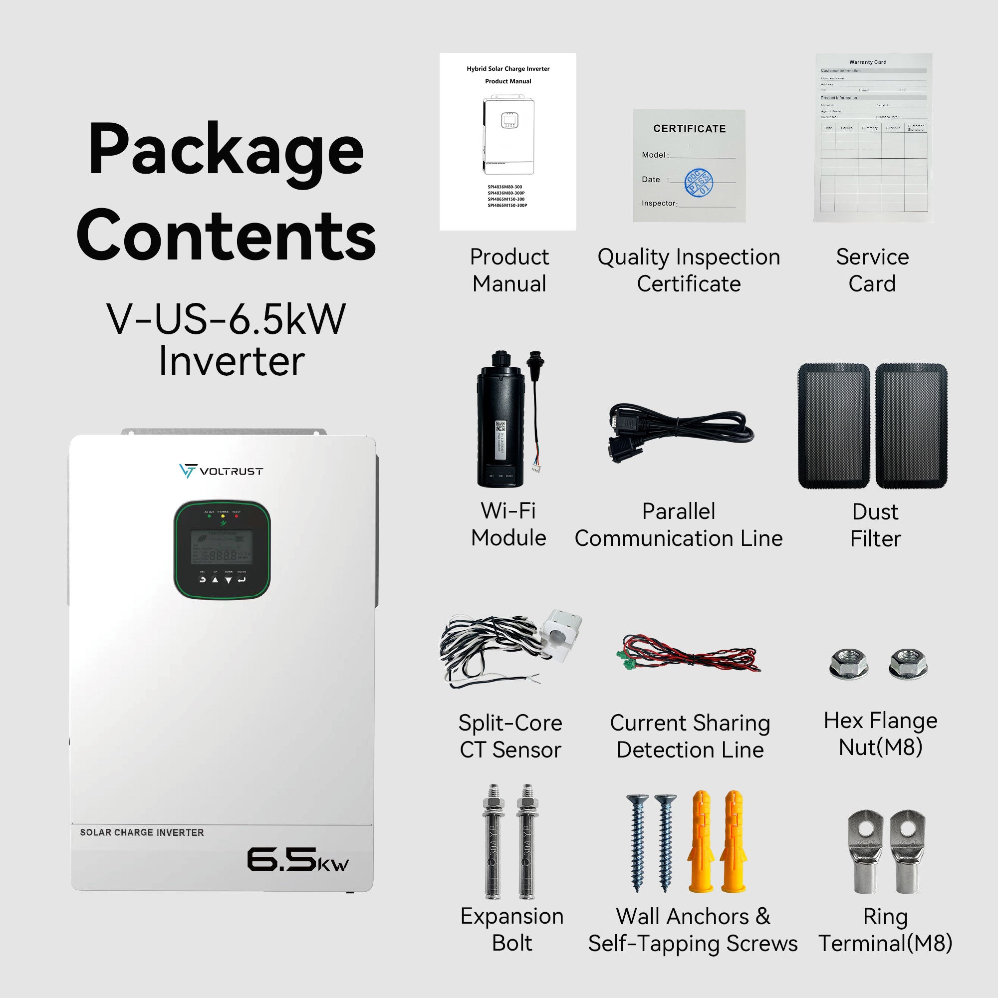 VolTrust 6.5kW inverter pictured with documents, Wi-Fi module, CT sensor, parallel and current-sharing cables, filters, and mounting hardware.
