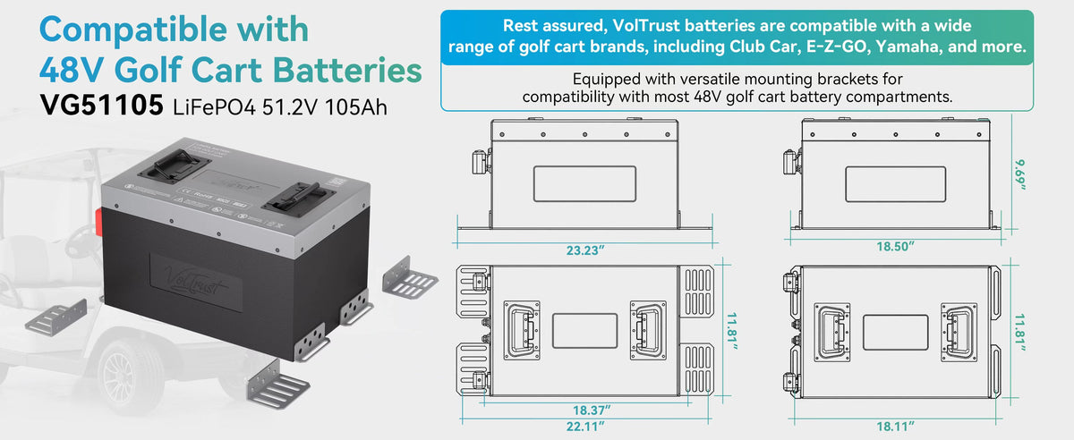 VolTrust VG51105 51.2V 105Ah golf cart battery with mounting brackets and dimension diagrams for checking fit in 48V golf carts.