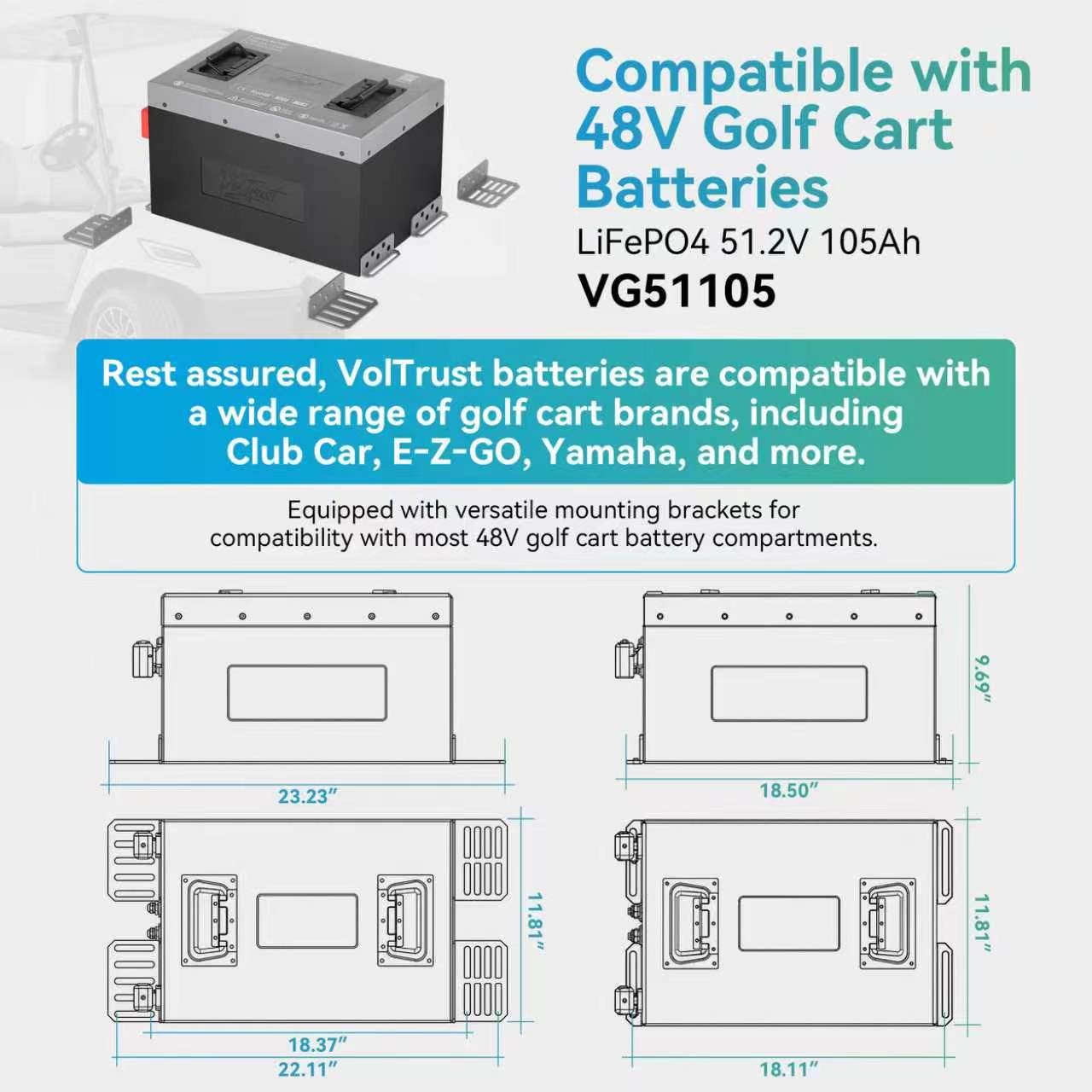 VolTrust VG51105 51.2V 105Ah golf cart battery with mounting brackets and dimension diagrams for checking fit in 48V golf carts.
